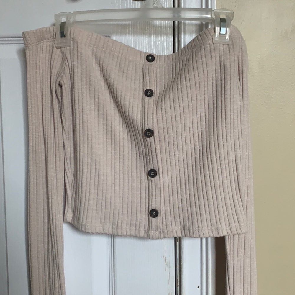 Off the shoulder tan button sweater crop top